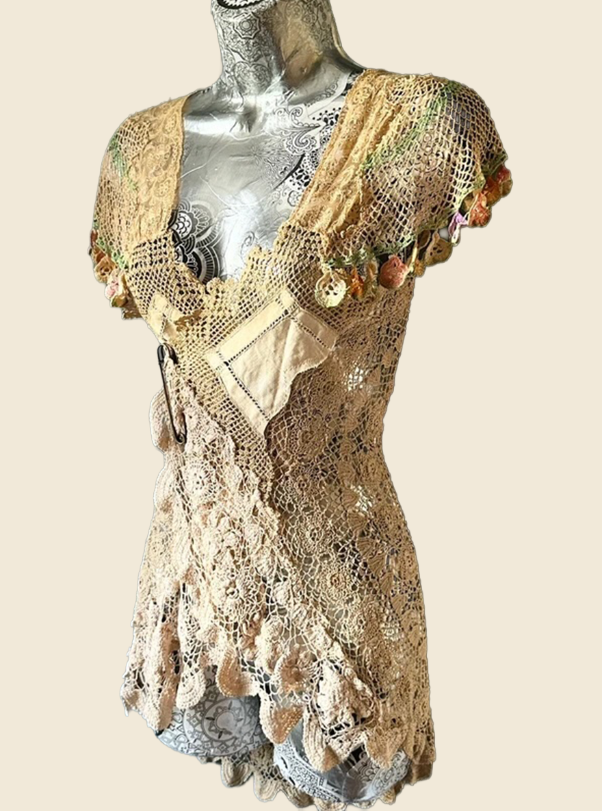 Vintage Boho Crochet Handmade Lace Top with Safety Pin Closure