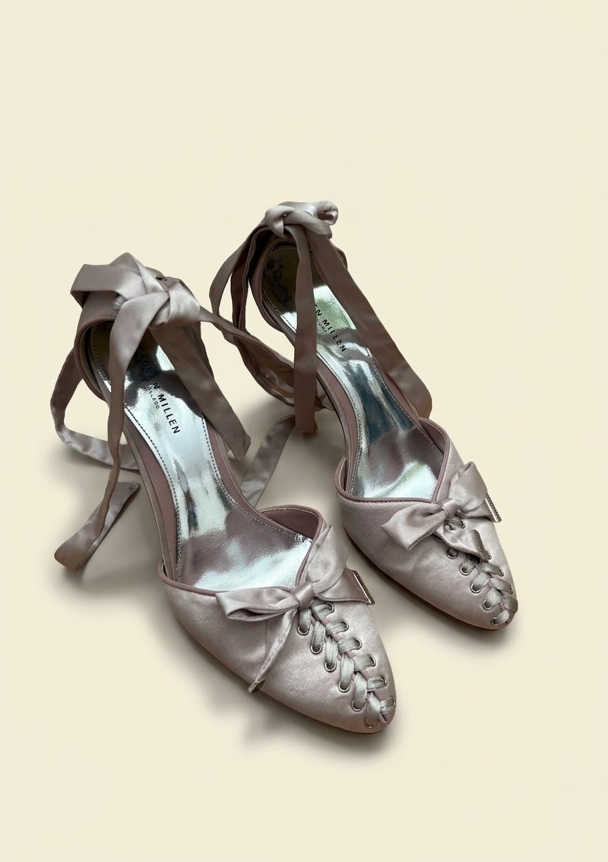 Vintage Pink Satin Ballet Lace up Heels & matching bag
