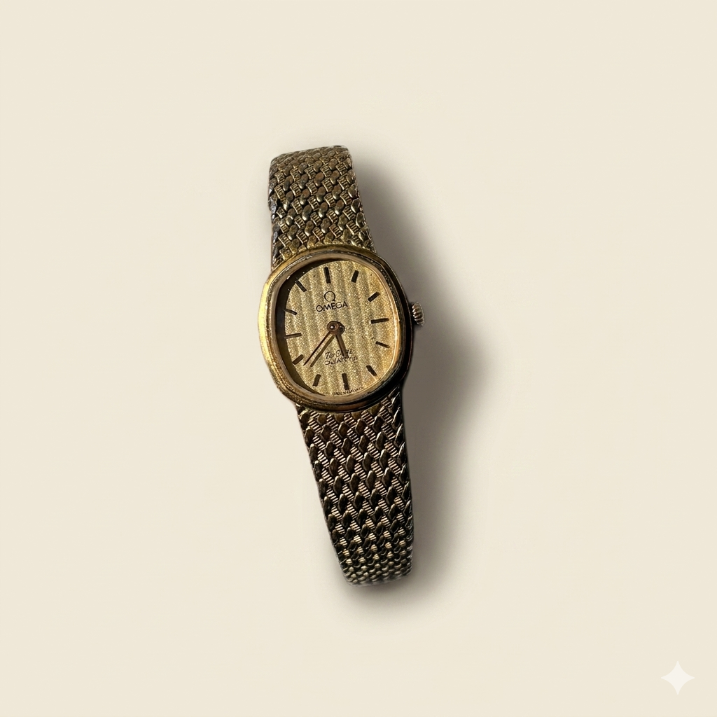 Vintage 1980s Omega De Ville Ladies Gold Mesh Quartz Watch