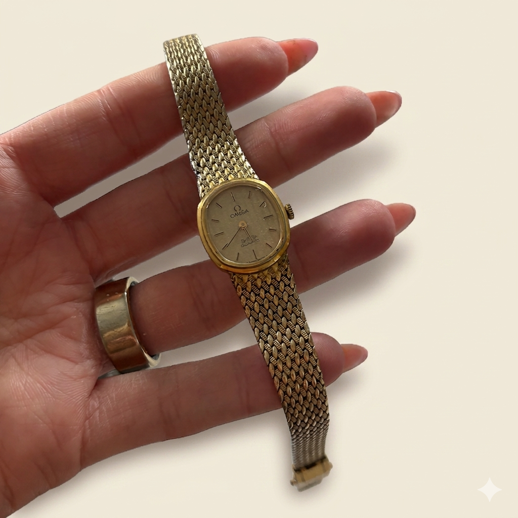 Vintage 1980s Omega De Ville Ladies Gold Mesh Quartz Watch