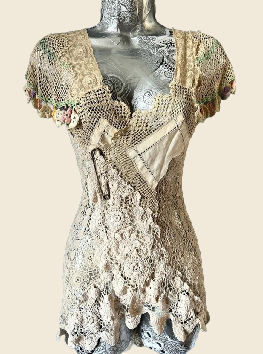 Vintage Boho Crochet Handmade Lace Top with Safety Pin Closure